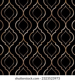 Vector pattern with an ornament.Beautiful gold ornament on a black background in a vector seamless pattern.