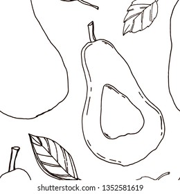 Vector pattern outline of fruit avocado, half of fruit and leaf drawn by hand