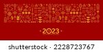 Vector pattern with outline symbols of the Rabbit Zodiac sign, Symbol of 2023 on the Chinese Lunar calendar. Line art China design, gold elements. Chinese wallpaper.