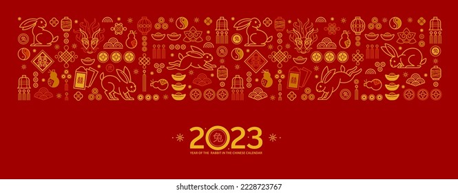 Vector pattern with outline symbols of the Rabbit Zodiac sign, Symbol of 2023 on the Chinese Lunar calendar. Line art China design, gold elements. Chinese wallpaper. svg
