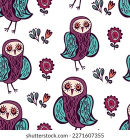 vector pattern with owls in decorative style on a white background with flowers