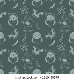 Vector pattern of owls and elements on green background. Seamless illustration of birds, feathers and nesting box.