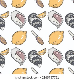 vector pattern of oysters and lemons.Type of pattern and decoration of the back for textiles, covers and packaging.