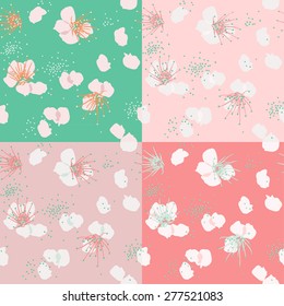 vector pattern pack of white, spring blossom, with falling petals, on green and pink backgrounds