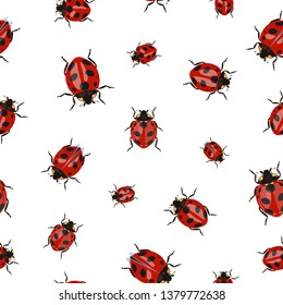 Vector pattern with painted color ladybugs on a white background in flat style. Insects.
