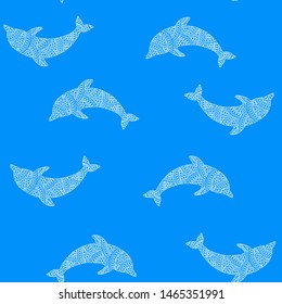 Vector pattern of painted dolphins on a blue background.