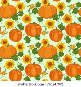 Vector pattern with painted orange pumpkins, leaves and bright sunflowers on light blue background. Autumn, harvesting. Suitable as background for wallpaper, wrapping paper, textiles, handmade decor.