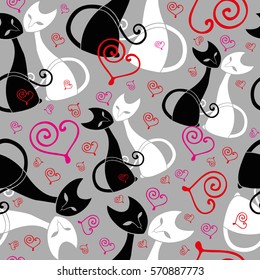 Vector pattern with pair of black and white cats in love on grey background .Seamless pattern can be used for wallpaper, pattern fills, web page background,surface textures.