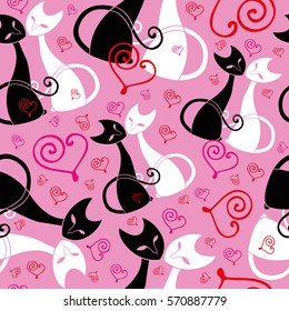 Vector pattern with pair of black and white cats in love on pink background .Seamless pattern can be used for wallpaper, pattern fills, web page background,surface textures.