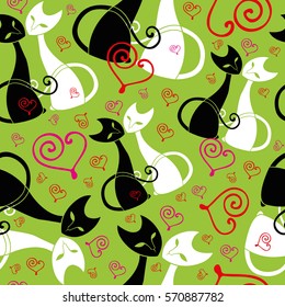 Vector pattern with pair of black and white cats in love on green background .Seamless pattern can be used for wallpaper, pattern fills, web page background,surface textures.