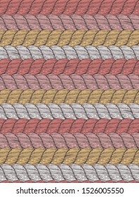 Vector Pattern with pale Red, White and Yellow Twisted Cords. Pastel Color Print with Hand Drawn Strings ideal for Fabric, Textile, Wrapping Paper. Hand Sketched Rope Repeatable Vector Design.