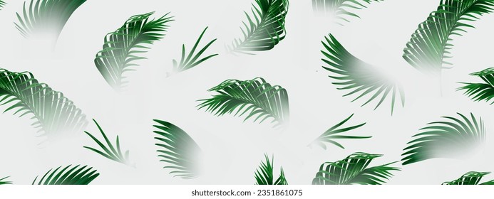 Vector pattern with palm and banana leaves. Seamless background of jungle and tropics in the fog. Selective focus.