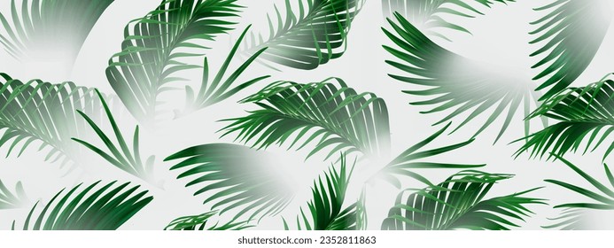 Vektormuster mit Palm- und Bananenblättern. Nahtloser Hintergrund von Dschungel und Tropen im Nebel. Selektiver Fokus.