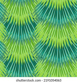 Vector pattern of palm leaves close up in colors of lime green, forest green, emerald green 