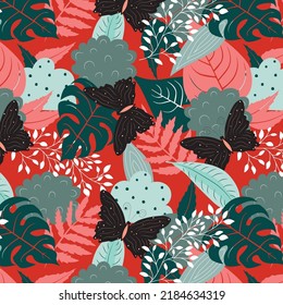 Vector pattern with palm leaves, tropical flowers and butterflies. Vector illustration.