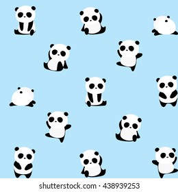 Vector Pattern: Panda bear pattern on light blue background, panda with different gestures