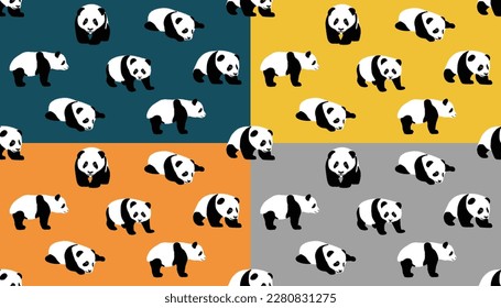 Vector pattern: panda seamless pattern on panda background with different poses Vector cute panda illustration isolated on set of colorful cute big panda bears in different poses. Flat vector illustra