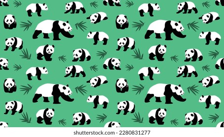 Vector pattern: panda seamless pattern on panda background with different poses Vector cute panda illustration isolated on set of colorful cute big panda bears in different poses. Flat vector illustra