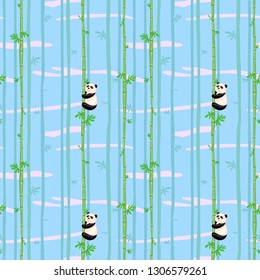 vector pattern with pandas in bamboo against a blue sky with pink clouds