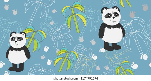 Vector pattern with pandas and bamboo. Print for textiles. Scrapbook paper, wrapping paper. Cartoon print.