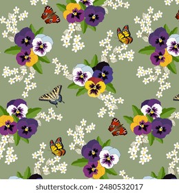 Patrón de Vector con pansies.Pansies multicolores y mariposas sobre un fondo verde en un patrón sin fisuras de Vector.