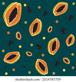 Vector pattern of papaya fruit halves on a dark green background with grains and circles. healthy fruit .Used for decoration, beautiful wallpaper and background
