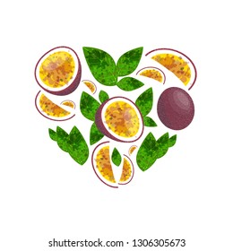 Vector pattern with passion fruits in heart shape isolated on white. Illustration used for magazine, kitchen textile, greeting cards, menu cover, web pages. - Vector