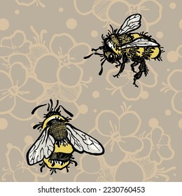 Patrón vectorial con flores de color pastel y abejorro