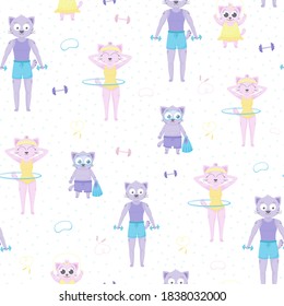 Vector pattern in pastel colors on the theme of a healthy lifestyle, sports cat family. Vector illustration for print, postcard, textile and fabric