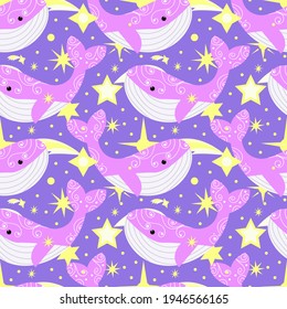 Vector pattern with patterned lilac whales on a violet background with stars .Children's bright fantasy ornament. 