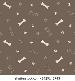 Patrón vectorial con patas y huesos para tienda de mascotas, clínica veterinaria, juguetes para mascotas sobre fondo marrón. Diseño de impresión para textil, tela, papel pintado, envoltura, ropa.