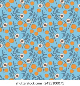 Vector pattern with peach branch on blue background. Print design for textile, fabric, wallpaper, wrapping, apparel. Hand drawn style.