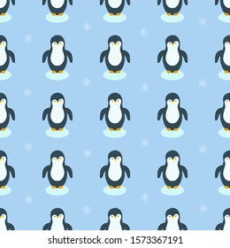 Vector pattern with penguins and snowflakes in winter season. Light blue background. Happy New Year. Winter and New Year print design.