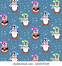Vector pattern with penguins.Cheerful penguins and snowflakes on a colored background in a vector pattern.