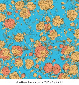 Vector pattern with peonies with Studio Ghibli style