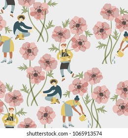 Vector pattern with people in the garden of anemones. Beautiful illustration in vintage style for textile
