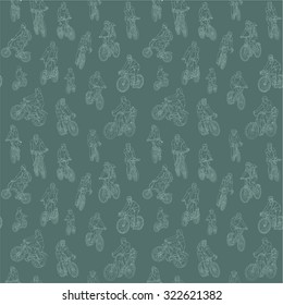 Vector  pattern of people riding on a bicycle, hand drawn in cartoons  style.