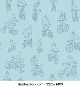 Vector  pattern of people riding on a bicycle, hand drawn in cartoons  style.