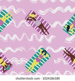 Vector pattern with people sunbathing on the waves in trendy flat style
