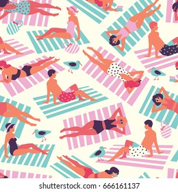 Vector pattern with people sunbathing on the beach in trendy flat style

