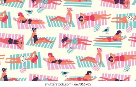 Vector pattern with people sunbathing on the beach in trendy flat style
