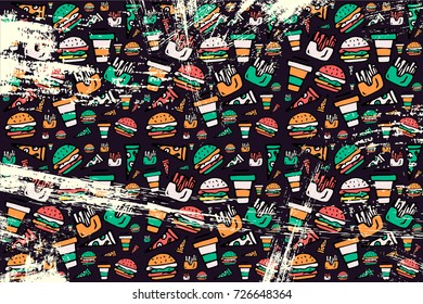 Vector pattern with a picture of food and products. For cafes, restaurants and shops. Hand drawing. It can be used for packaging, invitations, greeting cards, etc.