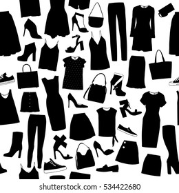 Vector pattern with pictures of black silhouette women's clothes and accessories, dresses, blouses and tops, skirts, shorts, shoes with high heels