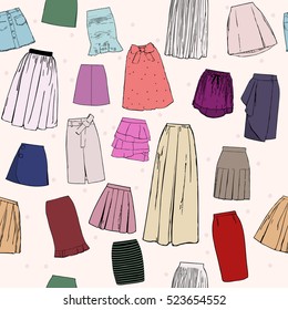 Vector pattern with pictures of colorful women's skirts