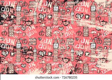 vector pattern with pictures on the theme of England. Caption London. For those who like to travel. It can be used for packaging, invitations, postcard holiday.