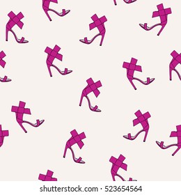 Vector pattern with pictures of pink women's shoes with high heels and bow