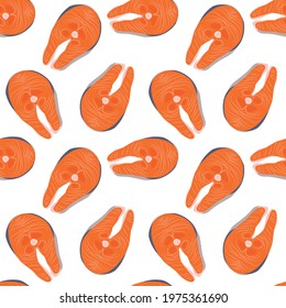 Vector pattern with pieces of fish on an orange background. Seamless pattern with trout.