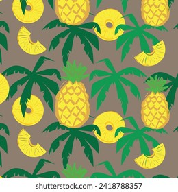 Vector pattern with pieces of summer. Palm trees and pineapples in a tropical mix for a bright print.