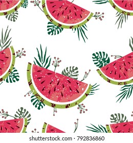 vector pattern of pieces of watermelon. white background. leaves of plants.