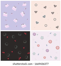 Vector pattern with pies, gingerbread and cake with strawberry on colorful background. Cute sweet food design for textile, wallpaper, print decor.